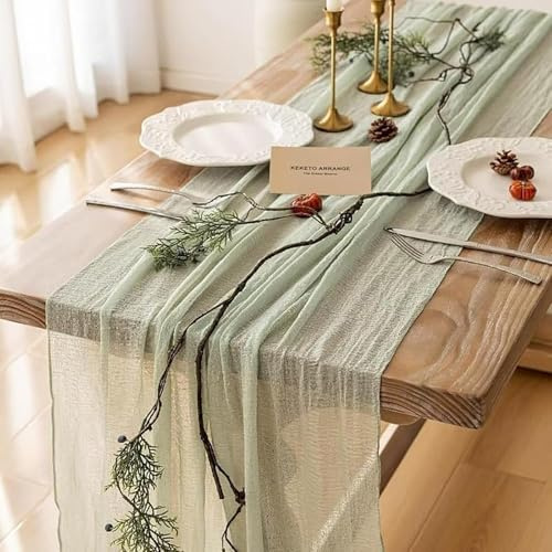 FOLAI Boho Tischläufer aus Käsetuch Table Runner Table Cloth – Rustikale Hochzeitstischdeko für Brautdusche, Geburtstag & Feiern (90x300cm) – Öko-Baumwolle & Wiederverwendbar（ hellgrün ）
