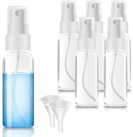 KU Leere Sprühflasche Klein 6 X 50ml, Wiederauffüllbare Mini Zerstäuber Sprühflasche zum Befüllen mit Trichter, Reise Parfümzerstäuber mit Feinem Nebel, Transparente Sprayflasche für Wasser