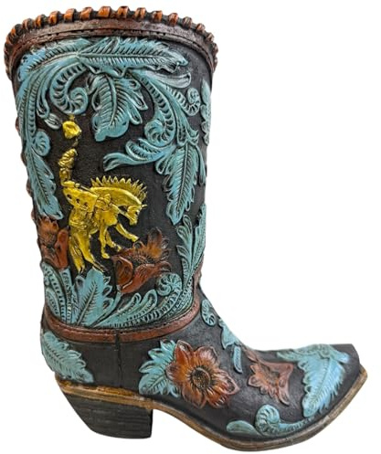 9” Western Cowboy Boot Vase/Stand Alone Décor – Resin Sculpted with Golden Bronco Rider, Tooled Turquoise Accents & Rustic Floral Detailing