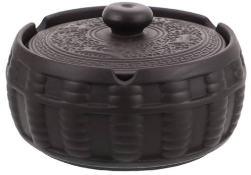 GLEAVI Ceramic Ashtray Windproof Tabletop Holder with Lid Vintage Yixing Design for Indoor and Outdoor Use Retro Candle Holder for Home Office and Patio Decoration