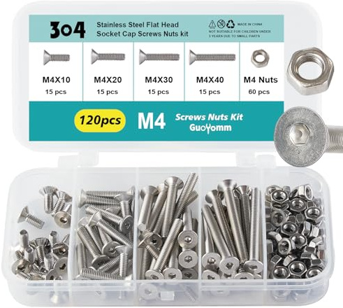 GuoYomm Lot de 120 vis à tête fraisée M4 en acier inoxydable avec écrous 304 Vis à tête fraisée Argenté Vis à six pans creux Filetage métrique Longueur : 10 mm, 20 mm, 30 mm, 40 mm