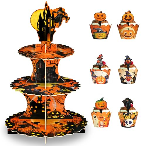 OOTSR Soporte para Tartas de Cartón Halloween de 3 Pisos, Torre de Pasteles con 12 Envoltorios y 12 Toppers, Decoraciones para Cupcakes Postre Fiestas Halloween