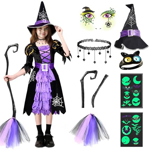 Vcumter Girls Witch Costume, 7 PCS Halloween Costume Girls Witch Dress with Hat Sticker Necklace and Wand for Children Masquerade Party Halloween Carnival Cosplay Party (Purple, XL)
