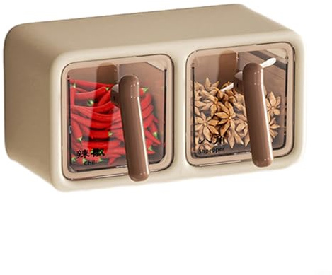 Caja de condimentos montada en la pared para almacenamiento de especias, tarro, azucarero, salero, capacidad de 200 ml, 360 grados, impermeable y a prueba de humedad, con cuchara y partición (marrón 2