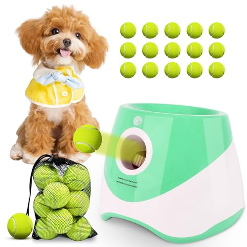 OLenyer Automatic Ball Launcher for Dogs Indoor Thrower Fetch Machine,Green | 3 Distance Settings|2 Mini Tennis Thrower Ball|15 Interactive Puppy Pet Ball