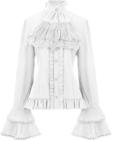 Nlaayong Chemise Victorienne pour Femme Gothique Steampunk Chemisier à Volants Vintage Manches Longues Haut Blouse Chic et Élégant Renaissance Pirate Top Soirée Bal Party Printemps Été Mode