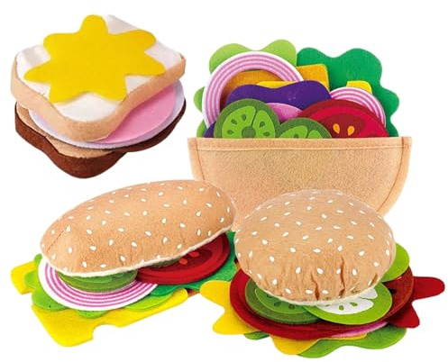 Felt Play Food, 28 pezzi/set Felt Play Food Hamburger Sandwich Giocattolo impilabile con bistecca di manzo Verdure Finta per la cucina dei bambini
