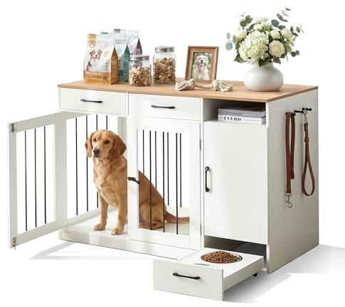 CLIPOP Hundekäfig Möbel, 125x60x88cm, hundebox, Vintagebraun und Weiß | Abschließbare Hundehütte, Moderne hundebox Holz Indoor, Mit Schublade und Hundenapf