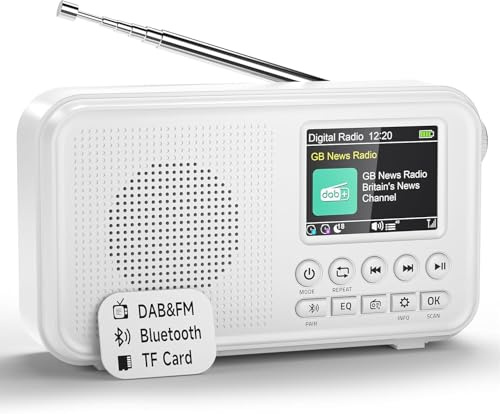 Roxicosly Tragbares DAB/DAB+ Radio, 80 Voreingestellte, UKW Digital Radio mit 3000-mAh Akku, Küchenradio mit Bluetooth 5.0, EQ-Modi, Sleep-Timer, Snooze, TF/3,5-mm AUX Anschluss, Doppelalarm