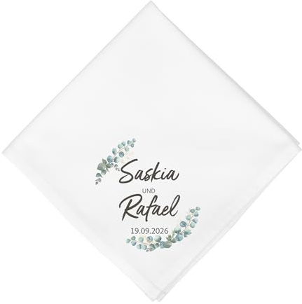 Herz & Heim® Personalisierte Stoffserviette zur Hochzeit – 45×45 cm Baumwollserviette mit Namen, Datum oder Initialen – Serviette als Hochzeitsdeko & Gastgeschenk – Motivauswahl (Eukalyptus)