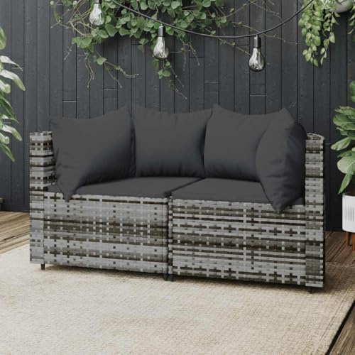 Ziaphsol Gartenecksofas mit Kissen 2er Set Grau Poly Rattan wetterfestes Lounge-Sofa modulares Design für Terrasse Balkon Garten Lounge-Set mit Polstern