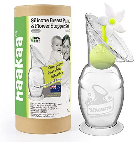 Extractor de Leche Manual de Silicona con Base de Succión + Tapón Flor Antiderrames Blanco – Sacaleches 150 ml para Lactancia Materna – Portátil, Reutilizable y Fácil Limpieza – Libre de BPA – Haakaa