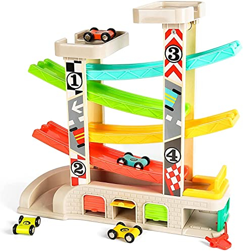 TOP BRIGHT Spielzeugauto-Set für 1-, 2-Jährige - Kleinkind-Autostrecke Auto-Rennbahn mit 4 Mini-Autos - Hochwertiges Holz ohne BPA - Langlebig & Robust - Pädagogische Rennwagen-Bahn - Bunt & Lustig