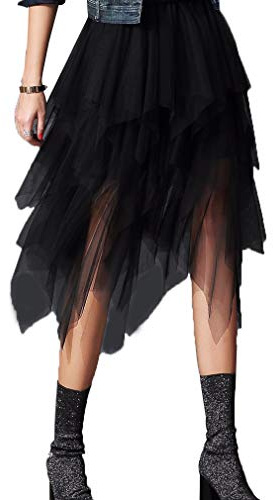 Carolilly Tutu Tüllrock Damen Rock Knielang Petticoat A Linie Rock Damen Ballettrock High Waist Unterrock für Frauen (Schwarz C, Einheitsgröße)