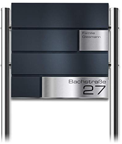 Metzler Standbriefkasten Modell G in Anthrazit mit Edelstahl-Namensschild & Ständer - Pulverbeschichtung RAL 7016 Feinstruktur Matt - Gravur - Größe 37 x 37 x 10,5 cm - Höhe 120 cm