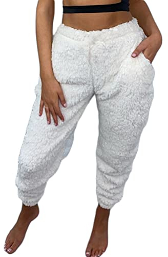Minetom Damen Warme Gefüttert Jogginghose Sportlich Jogger Fleece Hosen Frauen Winter Plüsch Stretch Sporthose Trainingshose mit Taschen D Weiß XS