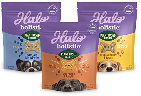 Halo Holistic Vegan Dog Treats Variety Pack, Plant-Based Three Bag Treat Pack with Oats & Blueberries, Peanut Butter & Banana, Peanuts & Pumpkin, 8 Oz Bag(Pack of 3)