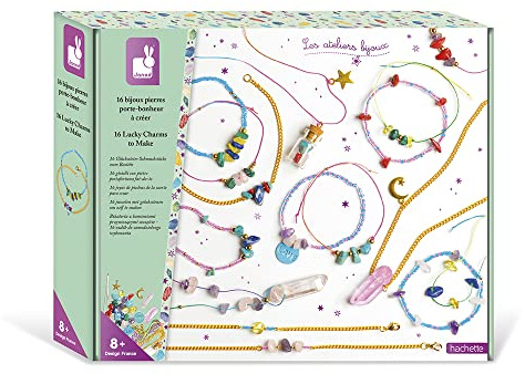 Janod - Bastel-Set für 16 Schmuckstücke mit Glückssteinen – 3 Halsketten & 13 Armbänder – Les Ateliers Bijoux – Kreatives für Kinder – Geschicklichkeit & Konzentration – Ab 8 Jahren, J07938