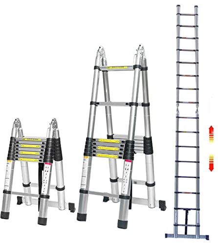 Telescopic Ladder 5M with Stabiliser, Multi-Purpose Foldable Step, 2.5M+2.5M Stainless Steel A-Frame Extendable Loft Ladder Adjustable Step with EN13