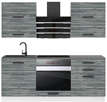 Belini Küchenzeile Küchenblock Emily - Küchenmöbel 180 cm Einbauküche Vollausstattung ohne Elektrogeräten mit Hängeschränke und Unterschränke, ohne Arbeitsplatten, Glamour Wood