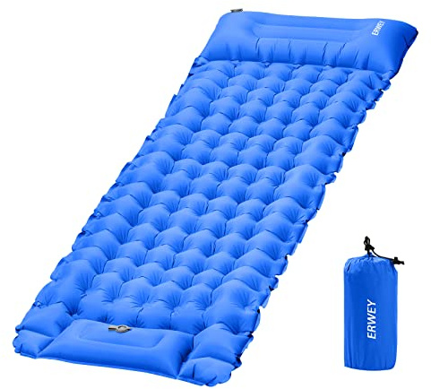 ERWEY Matelas isolant de camping - 200 x 70 cm - Gonflable - Avec pompe à pied et coussin - Imperméable - Matelas gonflable - Pour l'extérieur, la randonnée, la plage, la tente - Bleu