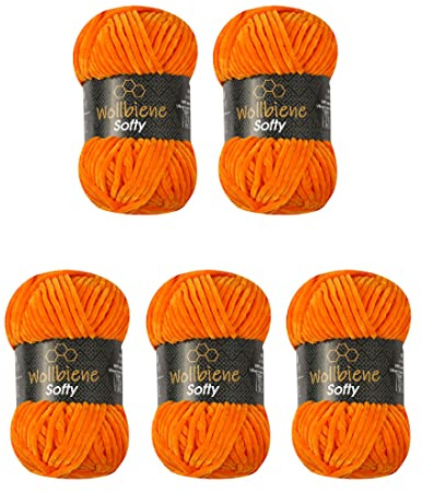 Wollbiene Softy 5 x 100 Gramm chenille wolle zum häkeln Strickwolle, Babywolle, 500 Gramm Chenille Wolle Super Bulky crochet yarn (orange 33