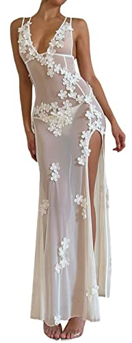 Sexy See Through Sheer Lace Maxi Dress Floral Lace Patchwork Backless Bodycon Long Dresses Beach Vacation Party Wear (Floral High Slit White, S)