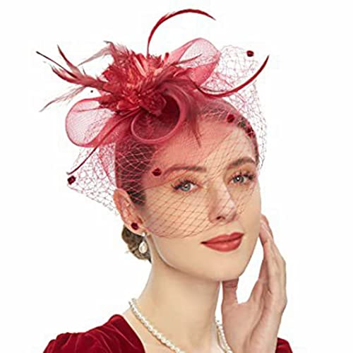 Fascinator Damen, Fascinator Damen Hut Blume Mesh Federn Schleier Hüte Cocktail Tee Party Kopfbedeckung Hochzeit Cocktail Jockey Club Kopfschmuck Fascinator Braut Stirnband Haarschmuck