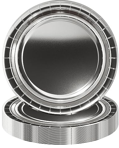 POPOYU 16 Pièces Assiettes en Papier de Fête Argent, Assiettes Carton pour Noël, Picnic, Mariage Fournitures de Fête