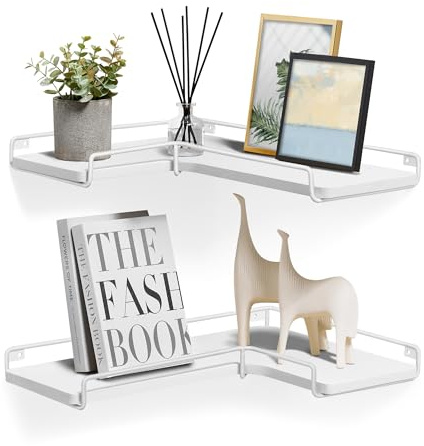 VASAGLE Floating Shelves, Set of 2, L-Shaped Corner Shelves for Wall, Corner Wall Shelf, Industrial Style, for Living Room, Bedroom, Kitchen, Cloud White LLS831W14