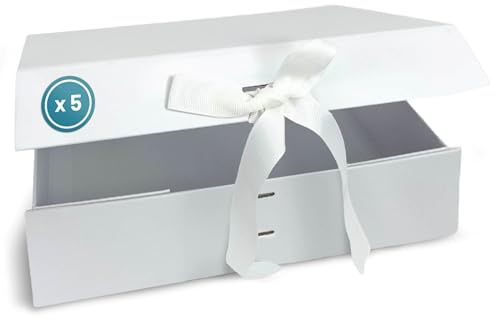 Verpackungswelt Geschenk-Box mit Deckel | 31 x 22 x 10 cm (5er Pack) | Geschenk-Karton mit Magnet-Verschluss & edler Schleife | Perfekt für Geburtstag, Hochzeit, Geburt | Geschenk-Verpackung in Weiß