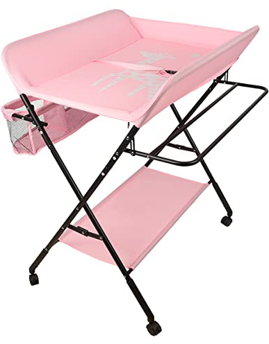 Wickelkommode Klappbar Babypflegetisch, Mobiler Wickeltisch, Tragbar Wickeltisch, Wickeltisch mit Sicherheitsgurt Ablagefächern (80 * 66 * 98cm/pink)