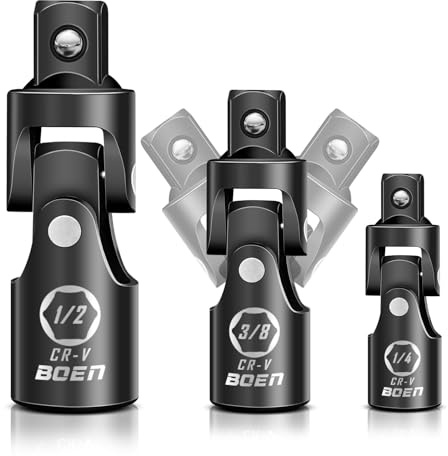 BOEN Universal Joint Socket Adapter Set | 3-Piece Ball Spring Design 1/2, 3/8, and 1/4 U-Joint Drive | Chrome Vanadium Steel Universal Joint Set