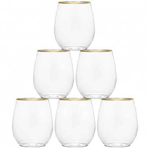 Elegantes copas de vino transparentes sin tallo con borde dorado, 12 onzas (paquete de 6), diseño único y sofisticado, perfectas para mejorar la experiencia de degustación de vinos
