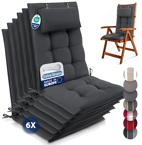 Beautissu 6er Set Premium Hochlehner Auflage mit Kopfpolster rutschfest | 120x50cm 8cm dick Uni Anthrazit Polster Gartenstuhlauflage mit Befestigungsbändern UV-Lichtechtheit 5 Stoff Robust Sun-HL