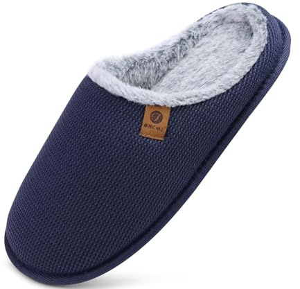 ONCAI Men's House Slippers，Cushion Memory Foam Shake Fleece and Man House Shoes with Faux Fur Lining and Indoor Outdoor Rubber Soles Plush Blue Size 9 UK