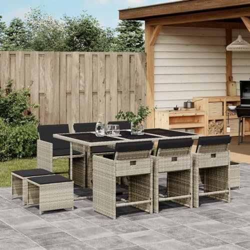 Gecheer 11-TLG. Garten Essgruppe 10 Personen, Polyrattan Sitzgruppe, Rattan Gartenmöbel Set, Balkonmöbel Set, Terrassenmöbel Set, Balkon Lounge, Gartengarnitur Set, Gartentisch Set, Kissen, Hellgrau