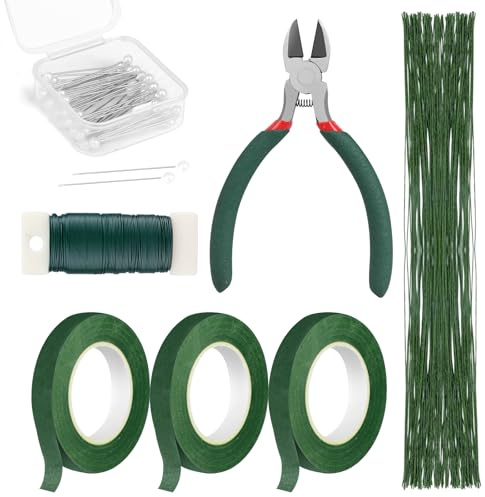 OINETRK Blumen Bastel Set, einschließlich Blumen-Bänder und Wraps, Draht-Schneider, Blumen-Band, Blumenstiel-Drähte, Perlenkiste für DIY Blumenstrauß-Stiel-Wickel Floristen (7 Stück)