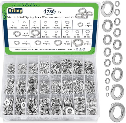 Vifmy Metric & SAE Spring Lock Washers Assortment Kit(1780Pcs), M2 M2.5 M3 M4 M5 M6 M8 M10 M12#4#6#8#10#12 1/4 5/16 3/8 1/2 Metric SAE Split Lock Washer Set, 304 Stainless Steel Lock Washer