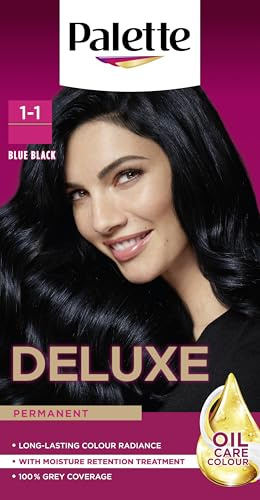 Palette Deluxe Creme Colouration 1-1 Blue Black Hair Dye, Permanent Hair Dye, Long-Lasting Hair Colouring with Moisture Retention Treatment and 100% Grey Coverage