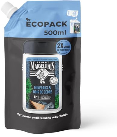 Le Petit Marseillais | Ricarica Gel Doccia Uomo Minerali & Legno di Cedro (Ecopack da 500 ml) – Formula 4 in 1 corpo, capelli, viso e barba – 92% di ingredienti di origine naturale e pH neutro