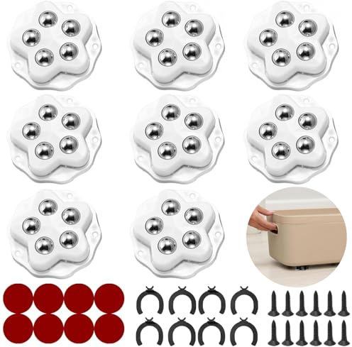 SkyJoy®mini roulettes pour meubles.8 roulettes à 5 billes chacune, capacité 300KG, avec adhésif et vis. Roue mobile universelle 360, roulette de meuble pour charges lourdes (Blanc : 8 Pièces)
