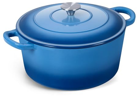 Onader Enameled Cast Iron Dutch Oven Pot with Lid, 5 Quart Round Dutch Oven for Bread Baking, Heavy Duty & Non Toxic - Blue