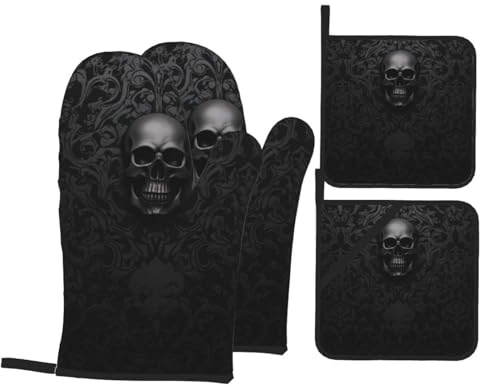 Gothic Wallpaper Skull Oven Mitts And Potholders Sets Of 4,Waterproof,Heat-Resistance Up To 500°f,Microwave Baking Oven Gloves,Chef Kitchen Cooking Baking Bbq Gloves,Cooking Mittens