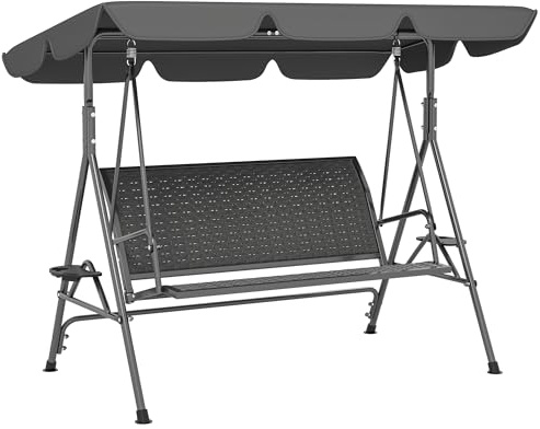 Outsunny 3 Seater Swing Chair, Garden Swing Seat Bench with Adjustable Canopy, Rattan Seat and Steel Frame for Patio, Yard, Grey