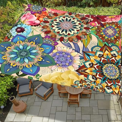 Treer 3D Colorful Mandala Sun Shade Sail Rectangular Waterproof Outdoor 95% UV Block Sunscreen Awning Canopy for Garden Patio Camping Backyard Shade Sail Tent Tarp with 4 Rope (Style 6,2x2m)