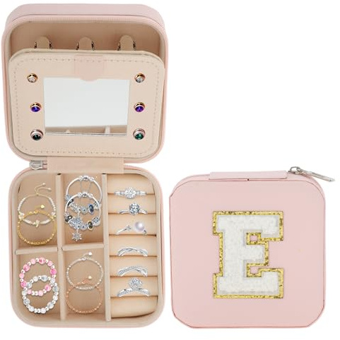CAPASTEC Smyckeslåda, smyckeförvaringslåda med spegel, bokstaven E resesmyckeslåda, smyckesorganisatörlåda för halsband, örhängen, ring, rosa