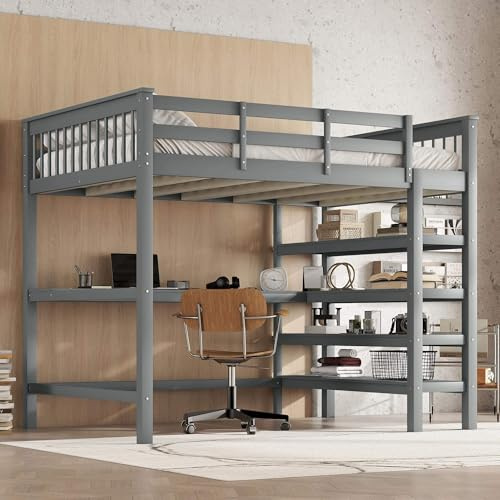 HYUB Cama alta 140x200 cm, con escritorio y compartimento de almacenamiento, litera de madera, estantes y somier de listones, estructura de protección contra caídas, gris