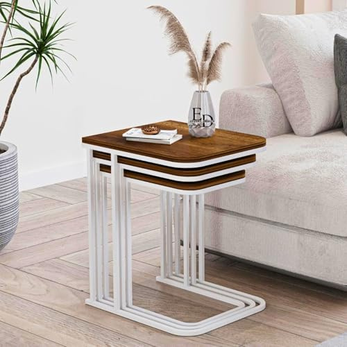 EMIDECO Beistelltisch Lyon Set mit 3 stapelbaren Tischen – Tischplatte aus dunklem Holz und Füße aus weißem Metall – skandinavisches und funktionales Design