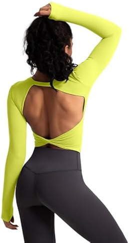 T-shirt de sport à manches longues dos nu pour femme : haut torsadé dos nu avec bonnets fixes - T-shirt d'été sexy pour yoga, fitness, gym, vert, S